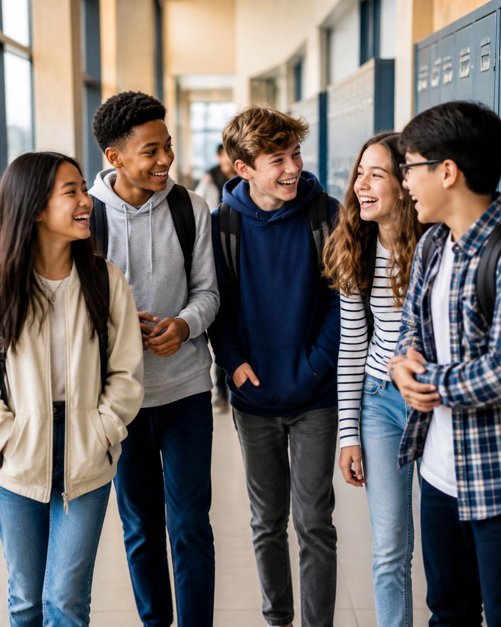 A diverse group of middle school buddies laughing together