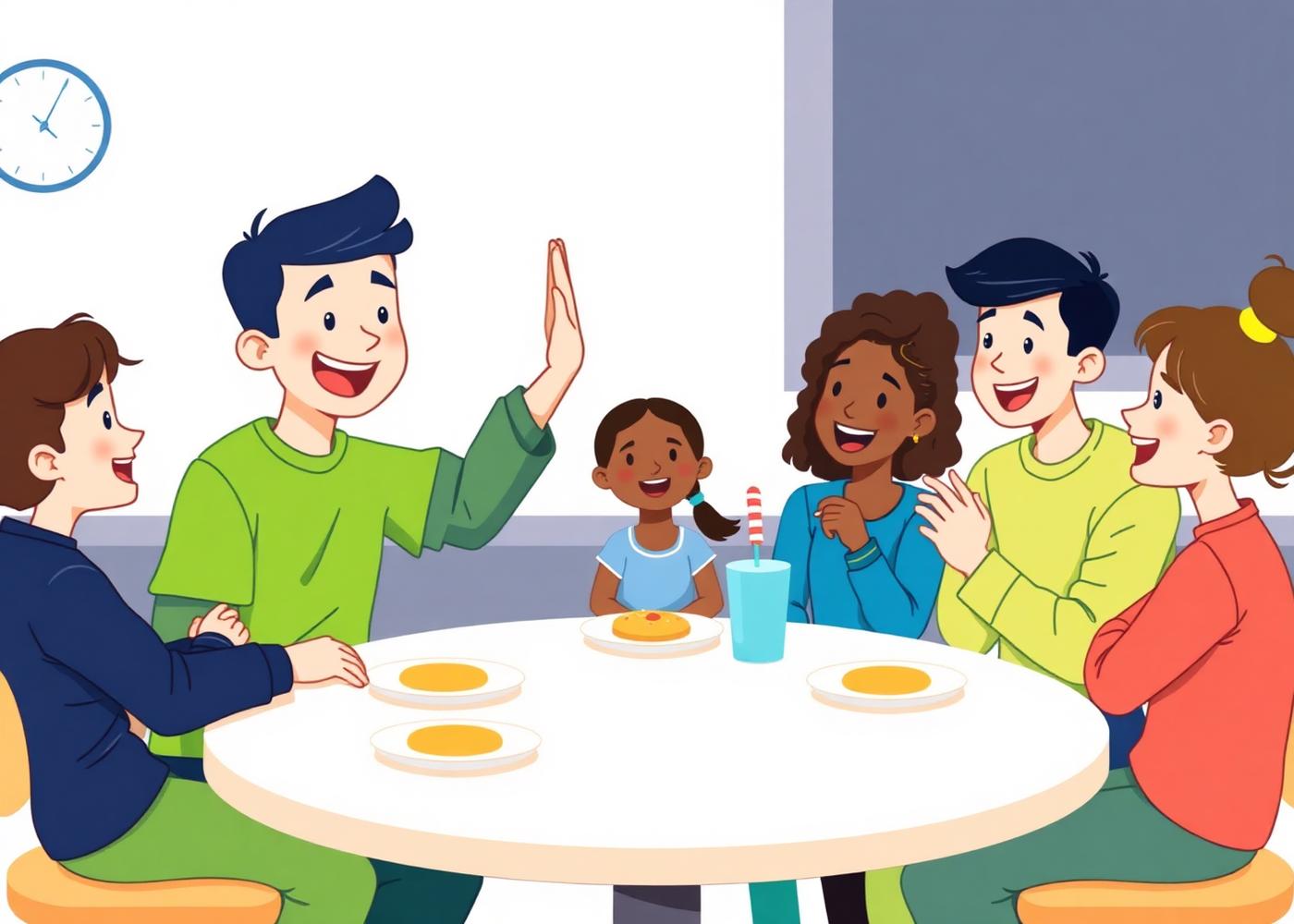 Buddies at a lunch table sharing a high-five